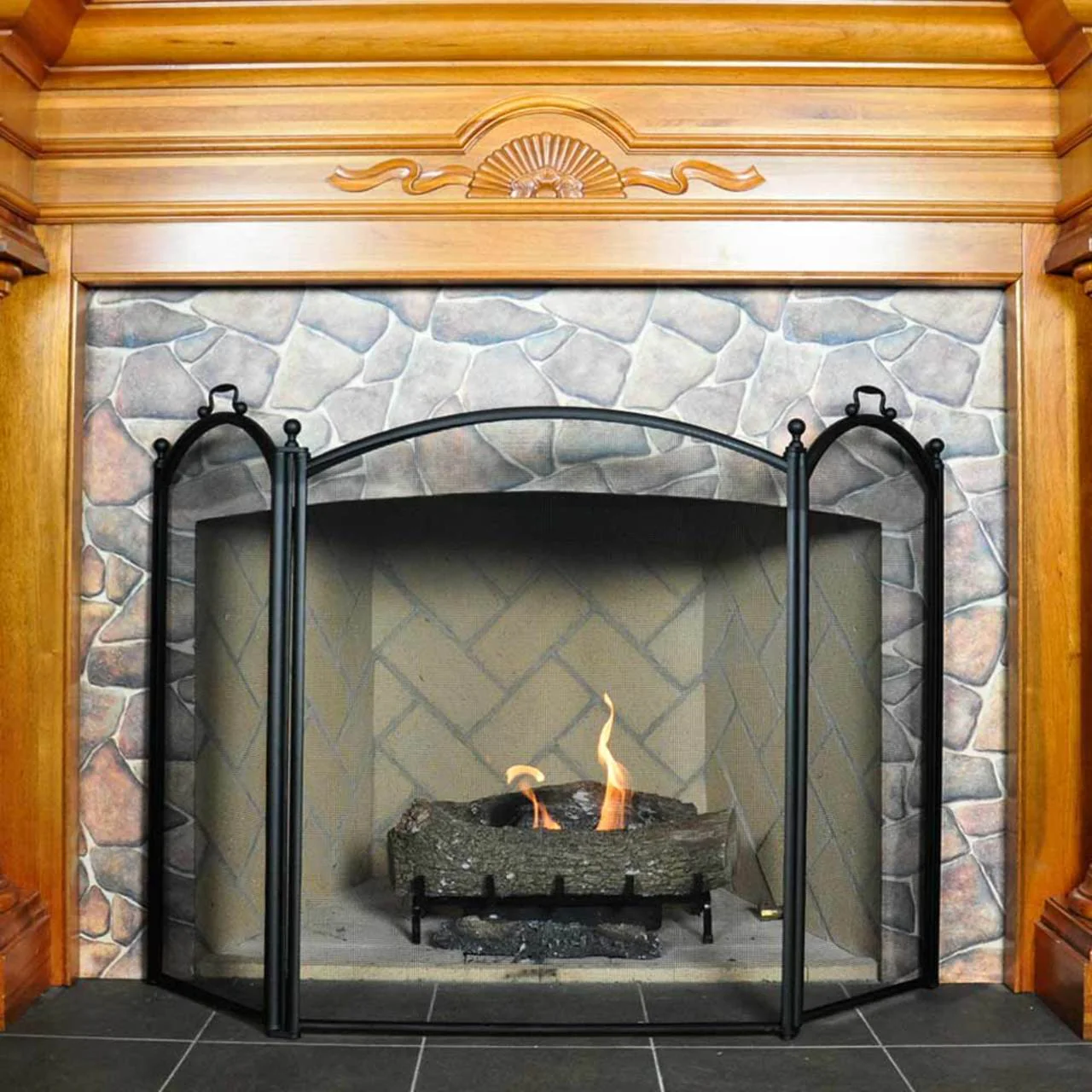 3 Fold Large Diameter Fireplace Screen - Black