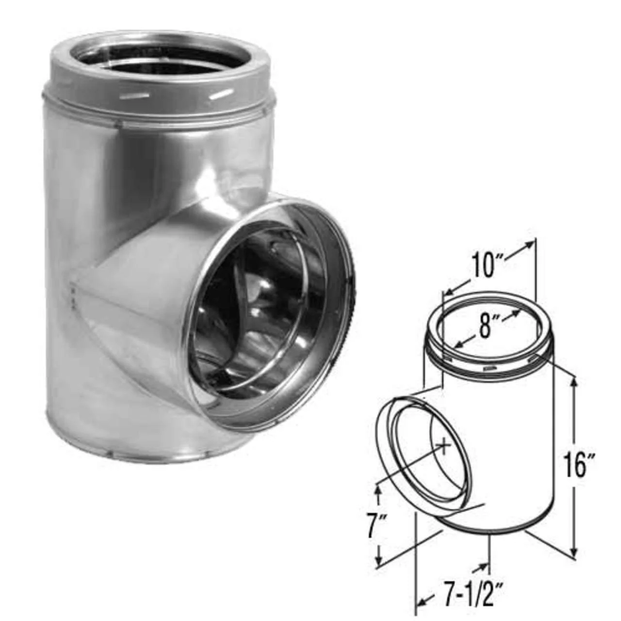 8" DuraTech Stainless Steel Standard Tee with Cap - 8DT-STSS - Image 2