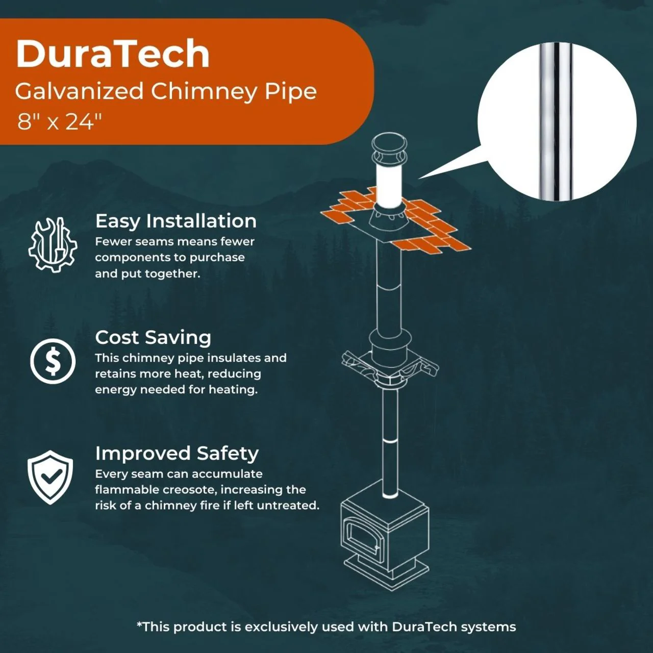 8" x 24" DuraTech Galvanized Chimney Pipe - 8DT-24 - Image 3