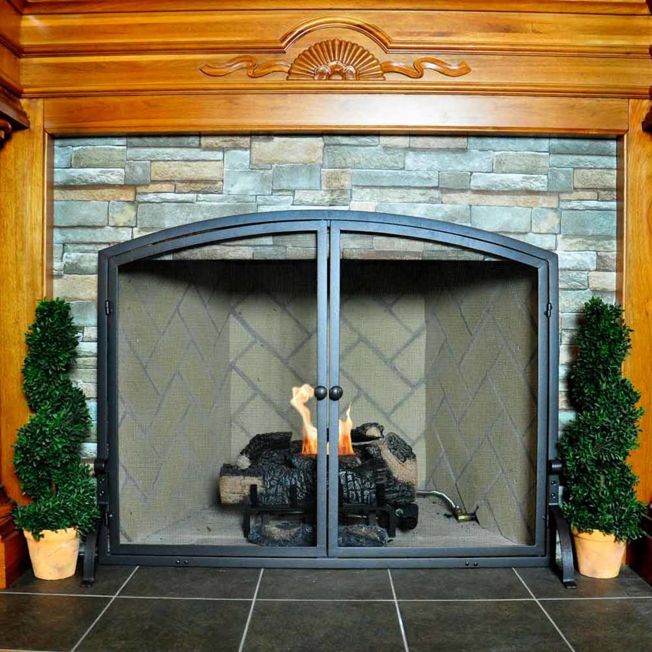 Large Single Panel Olde World Iron Fireplace Screen with Doors 44" Wide x 34" High