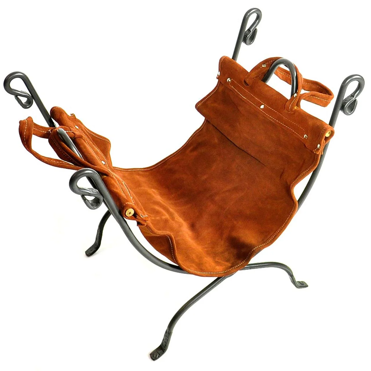 Olde World Iron Log Rack with Leather Firewood Carrier - Image 3